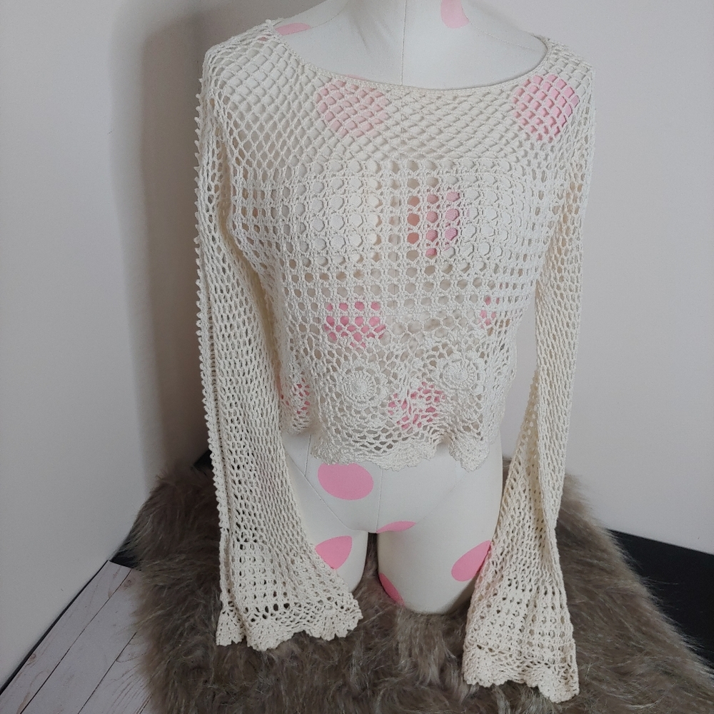 Divided H&M • Boho Cotton Cream Ivory Crop Top Crochet Long Bell Sleeve Medium - Picture 9 of 16